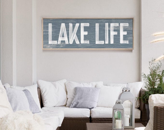 Lake House Decor, Harbor Blue Lake Life Sign, Long Horizontal Wall Art for Above the Couch