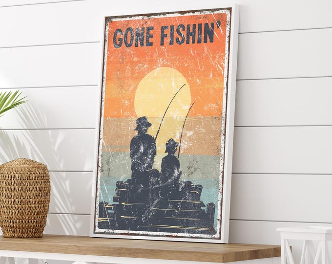 Vintage Sunset Wall Art, Man Fishing with Son on Fishing Dock Beach, Colorful Gone Fishin' Sign for Lake Bar or Beach  Bar, Gift for Dad