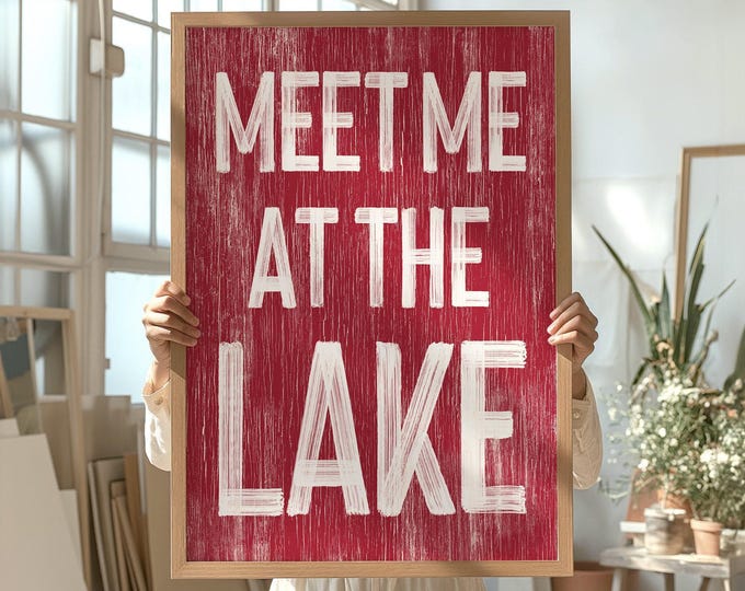 Cabin Room Art, Dark Red Meet Me at the Lake Sign, Cream Lettering Rustic Gift