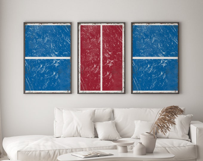 Triptych PICKLEBALL Wall Art,  3 Piece Framed Set, Pickleball Gifts, Sports-themed decor, Modern Farmhouse, Ocean Blue and Dark Red