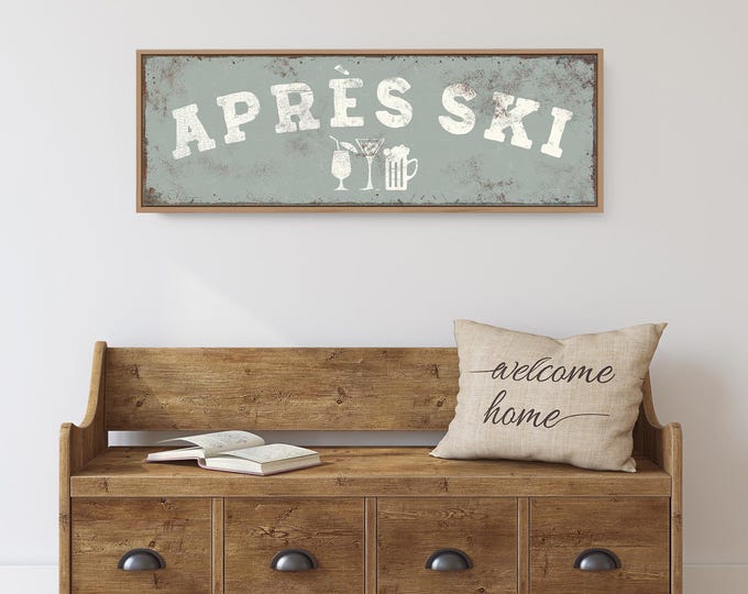 Apres Ski Art, Bar Sign with Cocktail Glasses on Pale Sage Green, Lodge Wall Decor