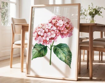 ピンクのアジサイの花のウォールアート – 柔らかなコテージスタイルのプリント
