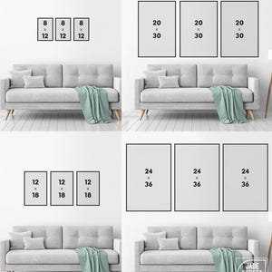 A size guide for the dusty blue sea creature print set: outlines up to 32 by 48 inches over a sofa.