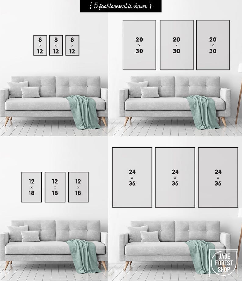 A size guide for the dusty blue sea creature print set: outlines up to 32 by 48 inches over a sofa.