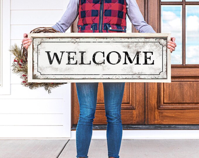 Rustic Welcome Sign, Antique White Distressed Entryway Art, Vintage Farmhouse Gift for Mom to Be