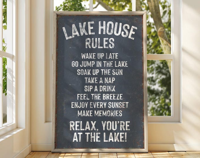 Canvas Paintings, Lake House Rules Sign, Charcoal Slate Wall Decor, Cabin Hostess Gift