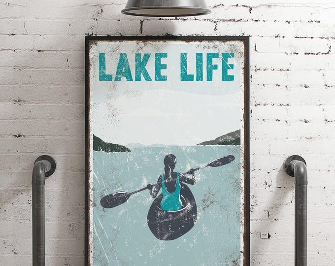 Garden Lake Sign, Teal Kayaker Wall Art, Pale Blue Cottage Gift for Her