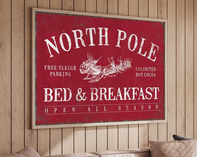 Santa Reindeer Art, North Pole Bed and Breakfast Sign with a Cream Sleigh on Crimson Red