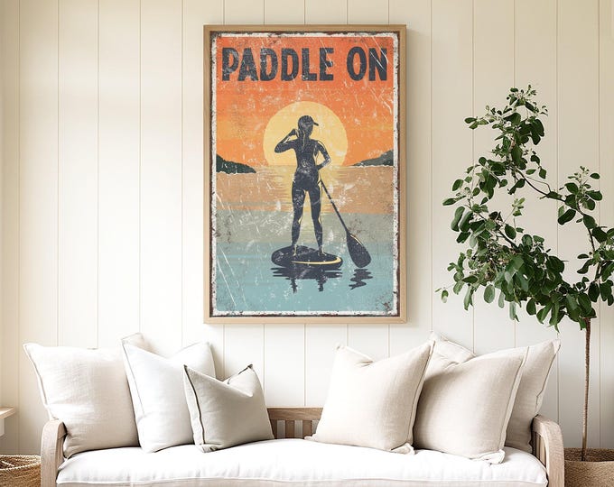 Vintage Paddleboard Lake Wall Art, Sunset Lake Decor for Waterfront Homes or Rustic Cabin Interiors