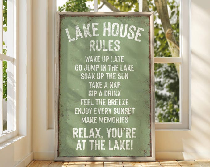 Lake House Rules Sign in Seagrass, Vintage Lake House Decor, Retro Lake Print, Green Lake Poster, Lake Gift for Her, Green Lake Wall Art