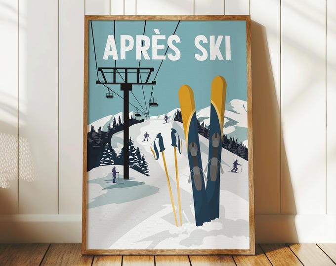 Vintage APRÈS SKI Sign, Retro Looking Apres Ski Sign, Vintage Ski Poster, Winter Home Wall Decor, Canvas or Aluminum, Ski Gift for Her, NAVY