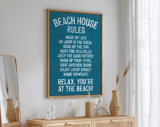 Blue Beach House Rules Sign, Distressed Petrol Steel Vintage Print, Vacation Rental Wall Decor