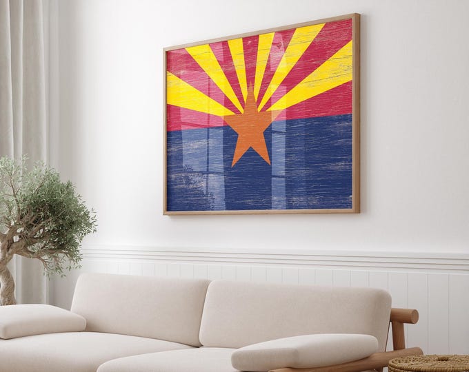 Retro Arizona State Flag, Flag of Arizona, Gift for Arizonian, Arizona Wall Decor, Arizona Flag Poster, Vintage Arizona Decor, Cracked Wood