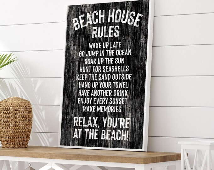 Beach House Rules Sign, Vintage Beach Decor, Faux Wood Wall Art, Distressed Coastal Style, Relaxed Vacation Rental Gift