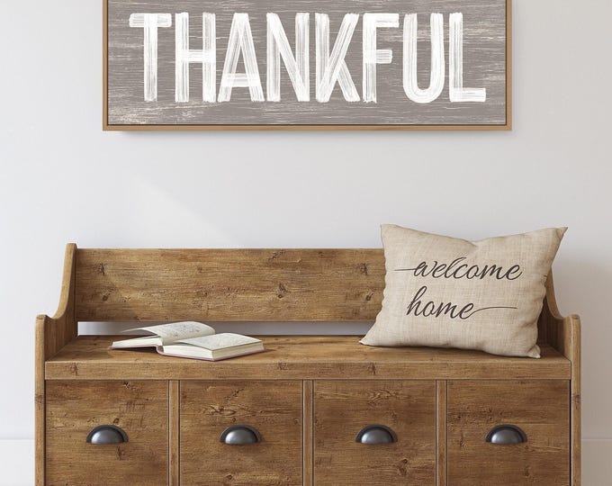 THANKFUL Sign in Kindling Brown, faux weathered wood, seasonal wall art, thanksgiving wall print, vintage farmhouse long horizontal wall art