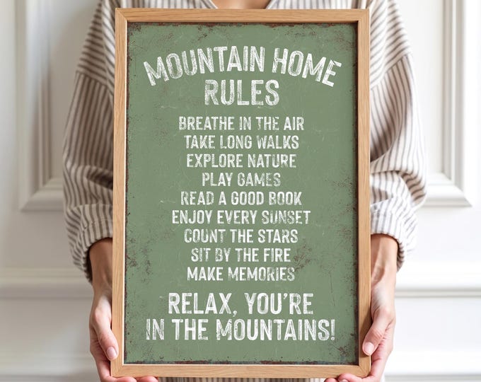 Mountain Lodge Wall Art: Seagrass Green Cabin Rules Sign
