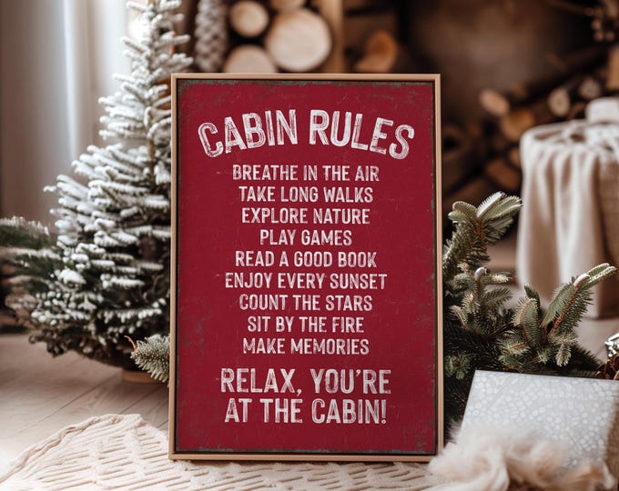 Cabin Rules Sign: Vintage Red Ski Lodge - Rustic Winter Decor