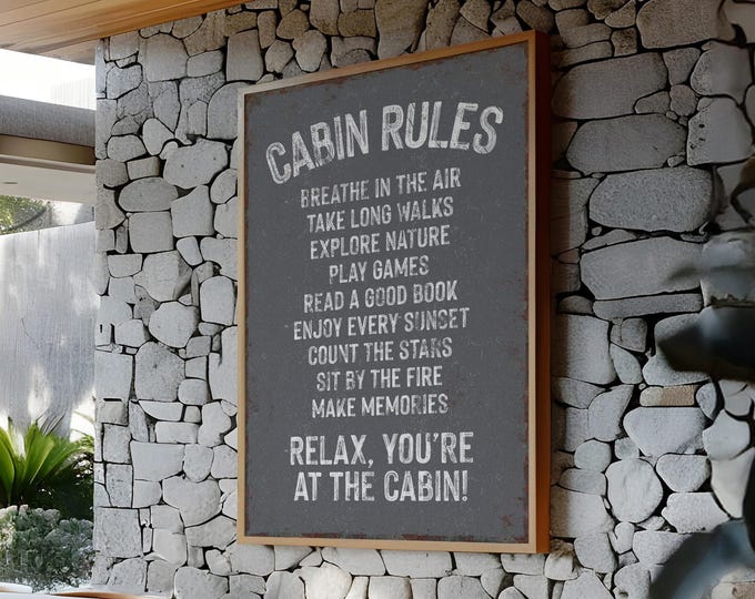 Cabin Rules Sign, Distressed Slate Gray Cozy Winter Lodge Wall Art