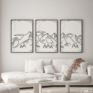 Triptych Wall Art, Mountain Landscape, Abstract Wall Art, 3 Piece Set, Modern Home Decor, Modern Farmhouse, Mountain Range, White • 026