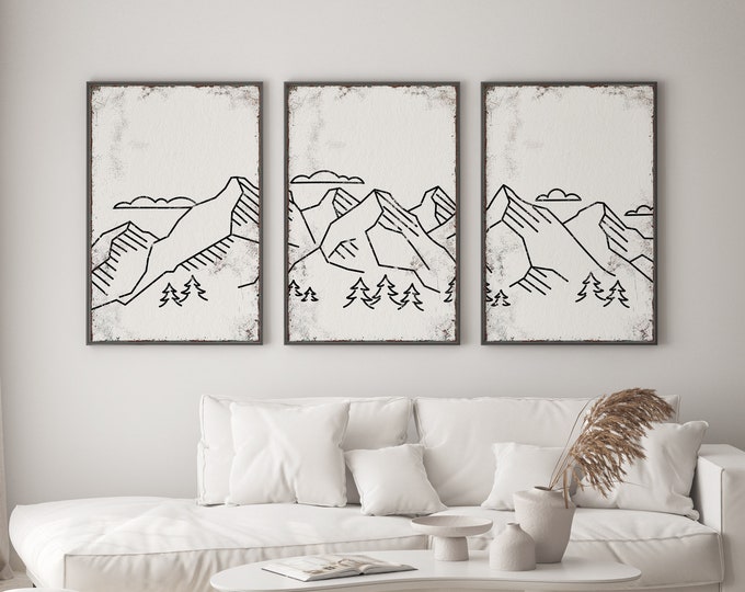 Triptych Wall Art, Mountain Landscape, Abstract Wall Art, 3 Piece Set, Modern Home Decor, Modern Farmhouse, Mountain Range, White • 026
