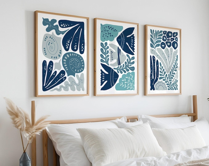 Ocean Wall Art Triptych, Navy and Teal Organic Coral Shells on Off White