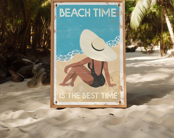 Nostalgic Art Print, Beach Time Is The Best Time Retro Travel Poster, Vintage Beach House Wall Decor