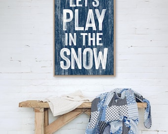 Winter Farmhouse Wall Sign, Navy and White (Canvas or Aluminum Metal)