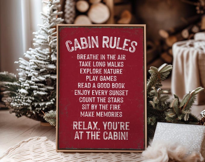 Wall Art Cabin, Vintage Cabin Sign, Barn Red Cabin Rules Wall Art, Cream Lettering Decor