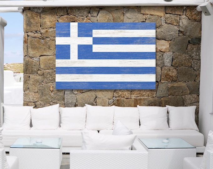 Greek Flag Wall Art: Distressed Faux Wood, Canvas, Metal or Paper