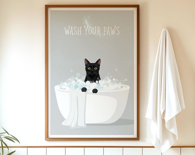 Black Cat Bathroom Art: Whimsical Bubble Bath Wall Print