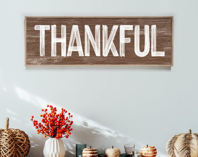 THANKFUL Sign in Dark Brown, faux weathered wood, seasonal wall art, thanksgiving wall print, long horizontal wall art, farmhouse decor