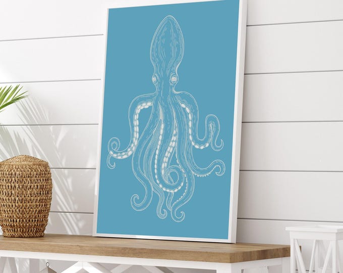 Octopus Art in Smoke White on Cerulean, Vertical Coastal Print for a Beach Home Bathroom