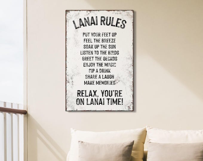 Rustic LANAI RULES Sign, Fun Gift for Lanai, Black on White Lanai Decor, Retro Pool Canvas Prints, Outdoor Indoor Options Available