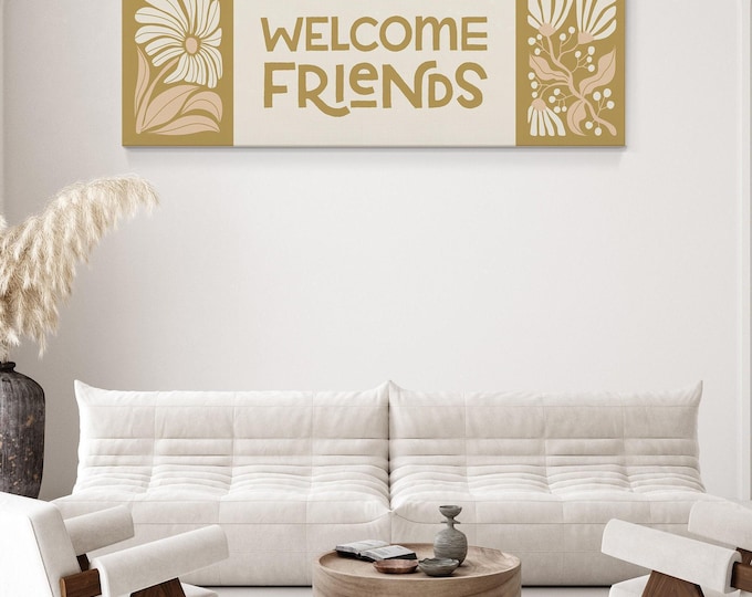 Boho Abstract Flower Wall Art • Retro Floral WELCOME FRIENDS Sign • Neutral Spring Decor, Saffron Yellow, Salmon Pink, and Ivory Cream