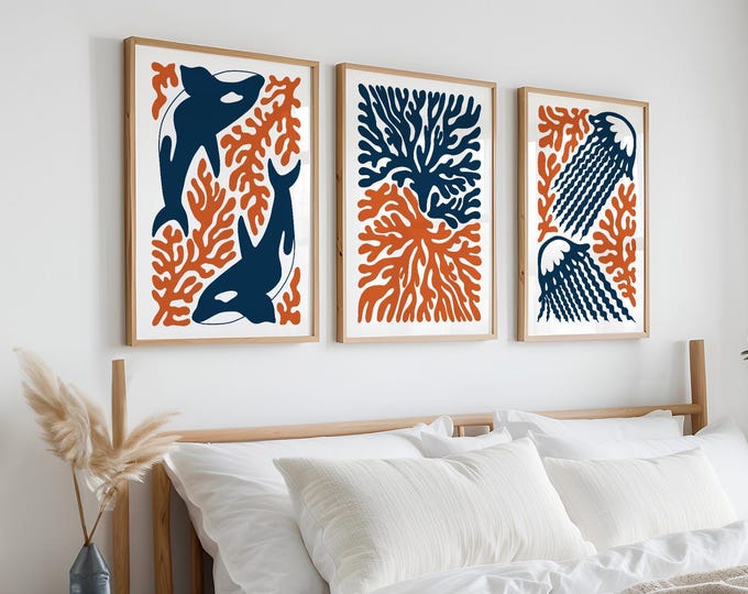 Ocean Art Print, Whale Jellyfish Coral Triptych, Navy Burnt Orange Coastal Wall Set