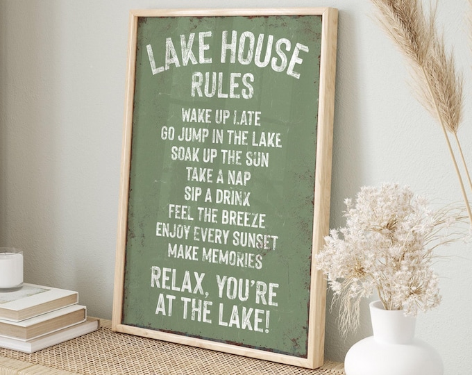 Lake Lovers House Rules Sign, Sage Green Wall Art, Cabin Gift for Her