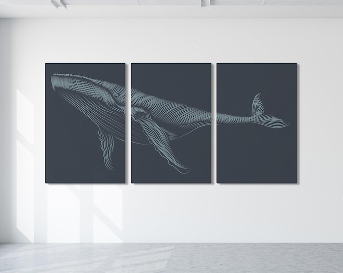 3 Piece Wall Art Whale Set, Dotted Humpback on Charcoal Navy, Modern Coastal Triptych