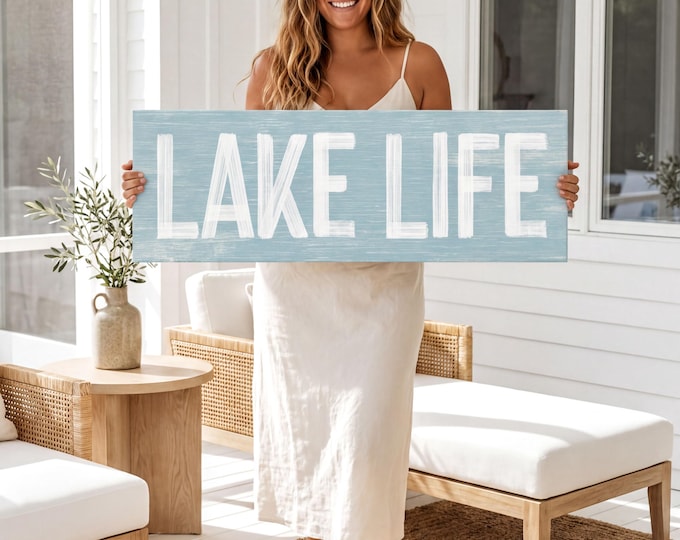 Blue Lake Art, Lake Life Sign in Dusty Blue and Teal, Long Driftwood Style Wall Panel