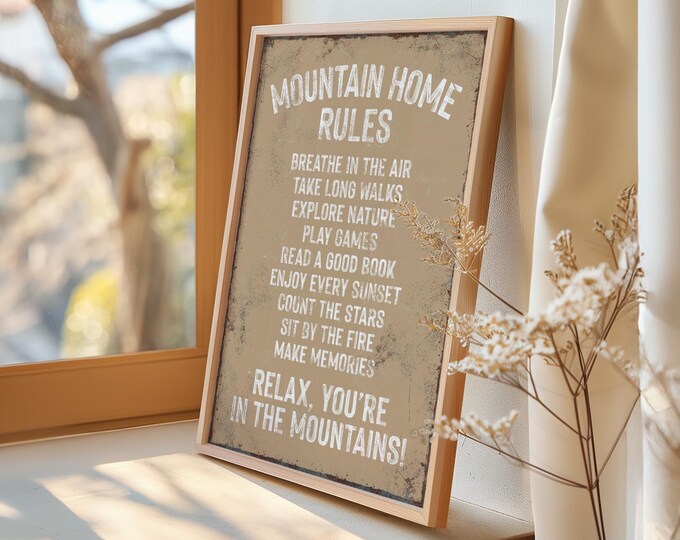 Mountain Home Rules Sign, Latte Beige Cozy Lodge Wall Art, Winter Cabin Gift