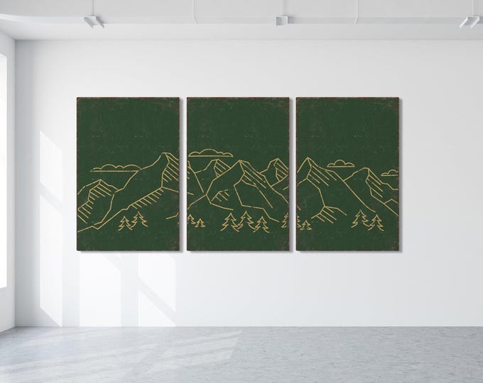 Mountain Range Triptych Wall Art, Abstract Lodge Cabin Decor, 3 Piece Set