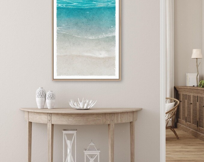 Coastal Wall Art, Minimalist Turquoise Wave Watercolor, Serene Ocean Beach House Decor
