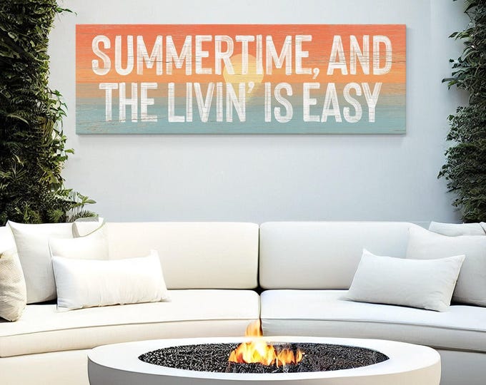 Coastal summertime art, summertime and the livin' is easy on coral and teal sunset wood, cabin cottage canvas