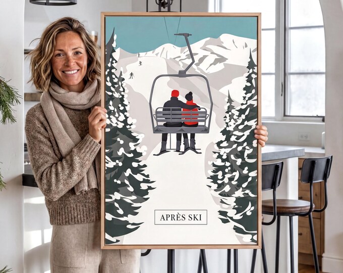 Powder Day Print, Apres Ski Chairlift Art, Navy Red Rider Snowy Mountain Wall Decor