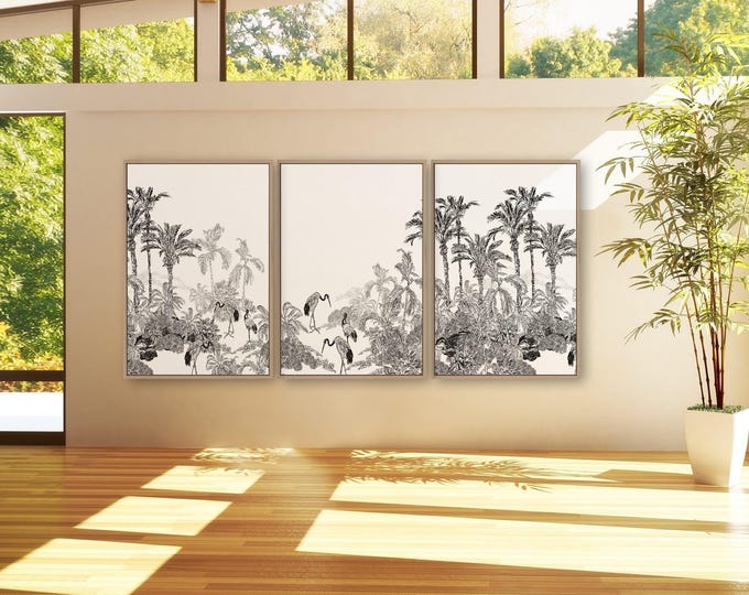Triptych Tropical Panorama, Framed 3 Piece Set, Vintage Lithograph, Modern Farmhouse Home Decor,  Toile Black and White • 003