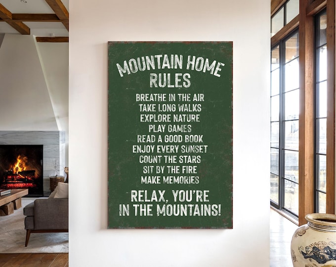 Cabin Rules Wall Art: Cozy Mountain Lodge Sign, Above Fireplace Wall Art