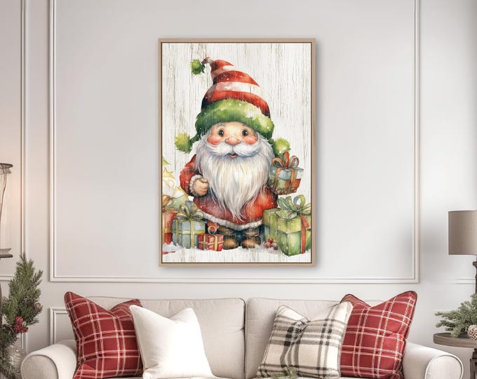 Watercolor Gnome Christmas Sign with an Armful of Gifts on a Whitewashed Background