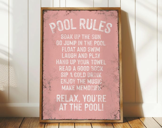 Vintage Inspired Pool Rules Sign in Blushing, Retro Wall Decor for Outdoor Spaces Multiple Sizes Materials Available, Pink Pool Gift for Her