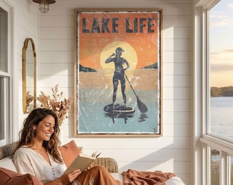Paddleboard Decor, Sunset Lake Life Sign, Burnt Orange Waterfront Wall Art, Gift for Her