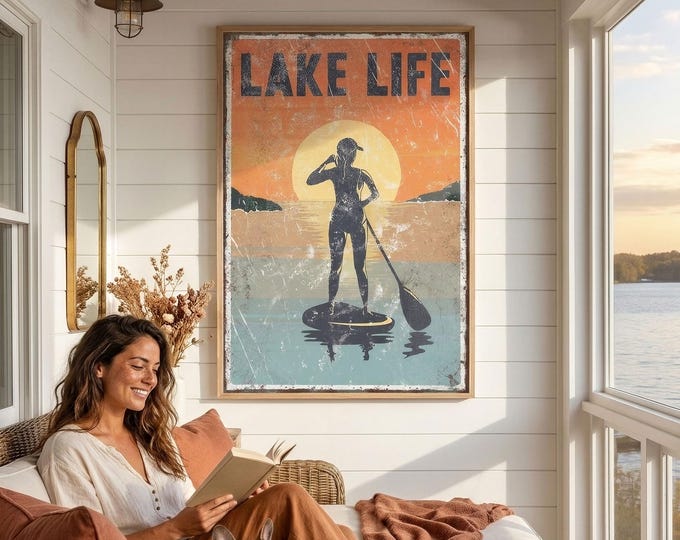 Paddleboard Decor, Sunset Lake Life Sign, Burnt Orange Waterfront Wall Art, Gift for Her