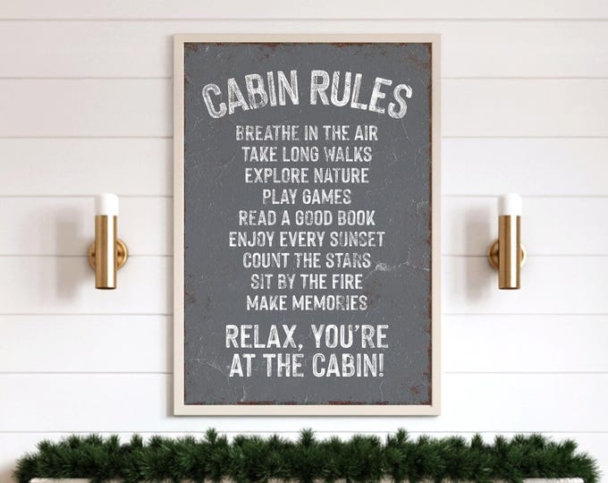 Ski Cabin Wall Art, Charcoal Chalkboard Rules List, White Vintage Lodge Sign